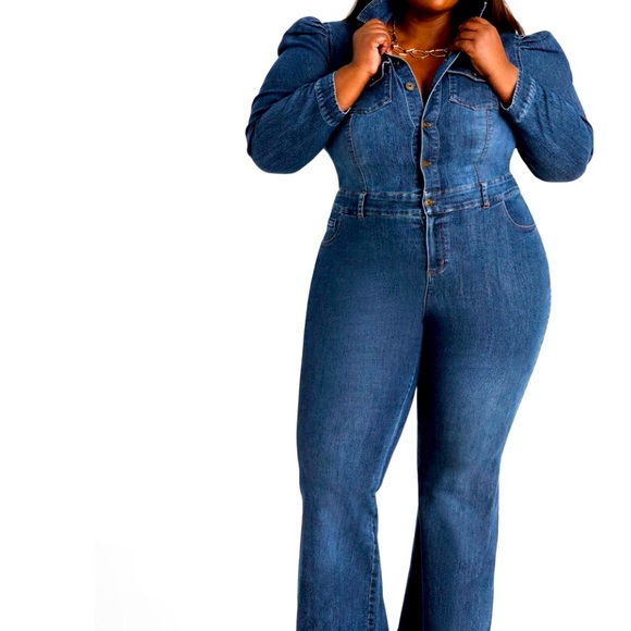 Ashley Stewart Pants - Brand New Ashley Stewart Denim Puff Sleeve Flared Jumpsuit Size 26